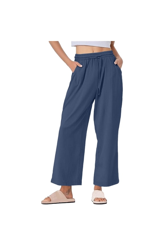 Womens Plus Size Pant Cotton Lined Straight Leg Loose Summer Elastic Waist Beach Pants S-5XL