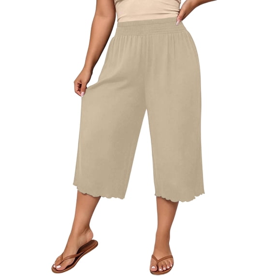Maean Womens Plus Size Pants Elastic High Waist Wide Leg Baggy Solid Color Lounge Capri Pant L-5XL