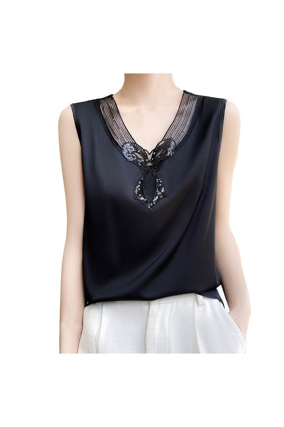 Womens Plus Size Tanks Satin Silky Tops Lace V Neck Casual Cami Sleeveless Camisole Blouses