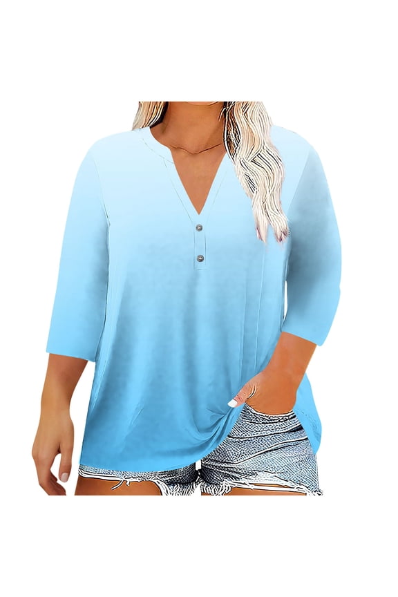 Womens Plus Size Tops Casual 3/4 Sleeve V Neck T Shirt Loose Tunic Blouse Spring Summer Fashion Tee 1X-5X