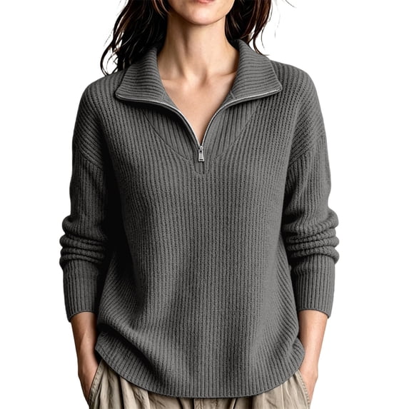 Maean Womens Quarter Zip Sweater V Neck Collared Long Sleeve Knit Sweaters Casual Loose Pullover Tops