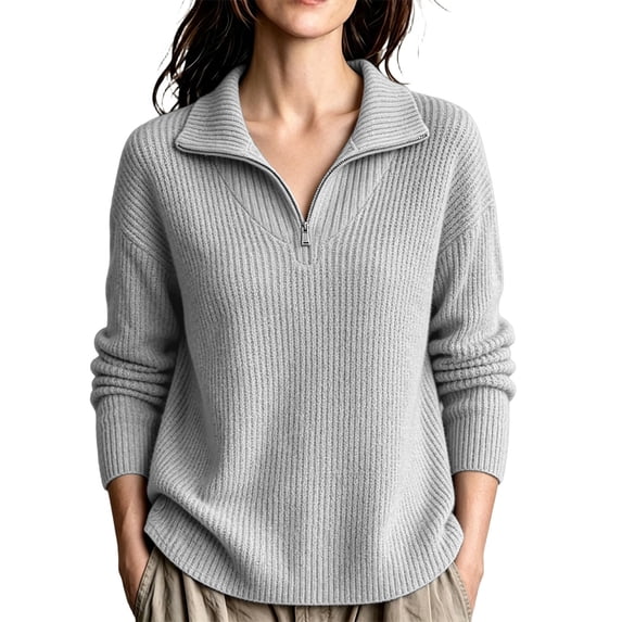 Maean Womens Quarter Zip Sweater V Neck Collared Long Sleeve Knit Sweaters Casual Loose Pullover Tops