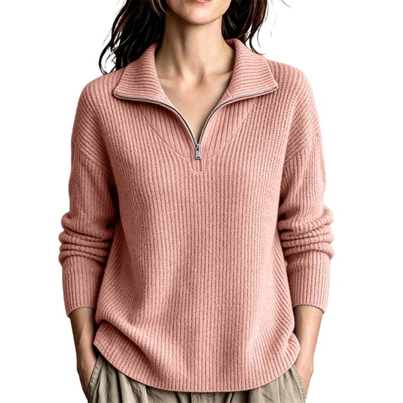 Maean Womens Quarter Zip Sweater V Neck Collared Long Sleeve Knit Sweaters Casual Loose Pullover Tops