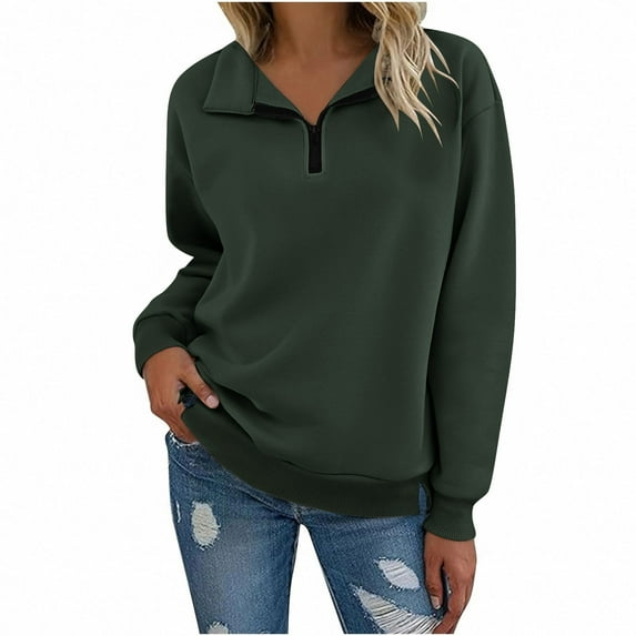 Maean Womens Quarter Zipper Sweatshirt Collared V Neck Long Sleeve Loose Solid Color Casual Fall Shirts