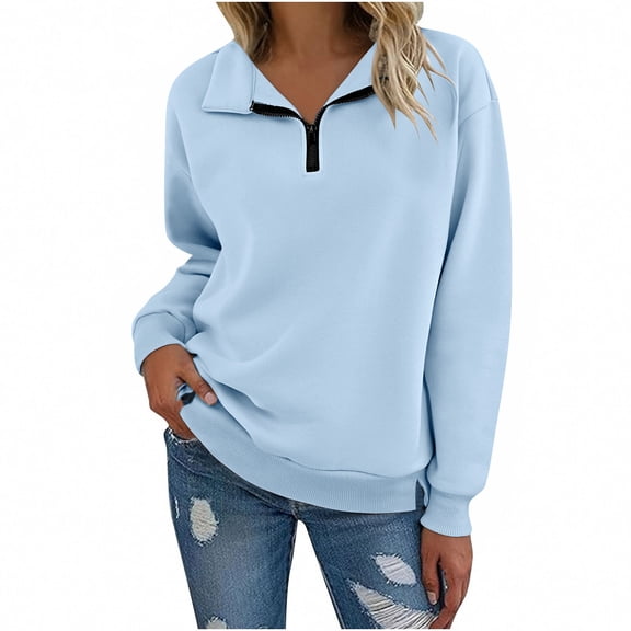 Maean Womens Quarter Zipper Sweatshirt Collared V Neck Long Sleeve Loose Solid Color Casual Fall Shirts