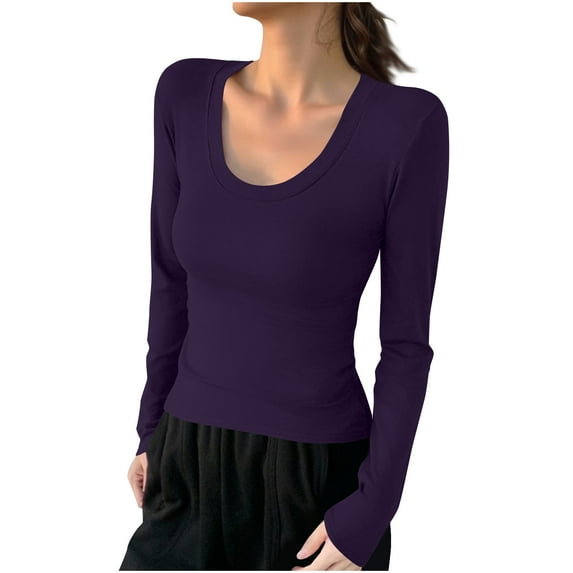 Maean Womens Scoop Neck Tops Long Sleeve Slim Basic Undershirts Ladies Causal Plain Tight Shirts