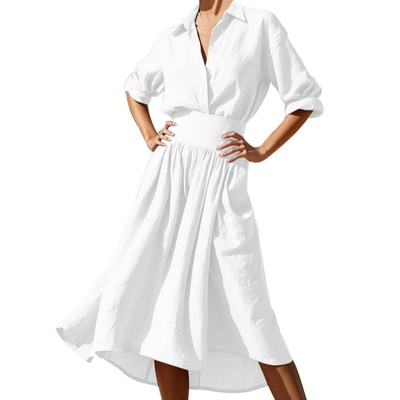 Maean Womens Shirts Dress V Neck Long Sleeve Office Midi Dresses Casual Business High Waist Clothes