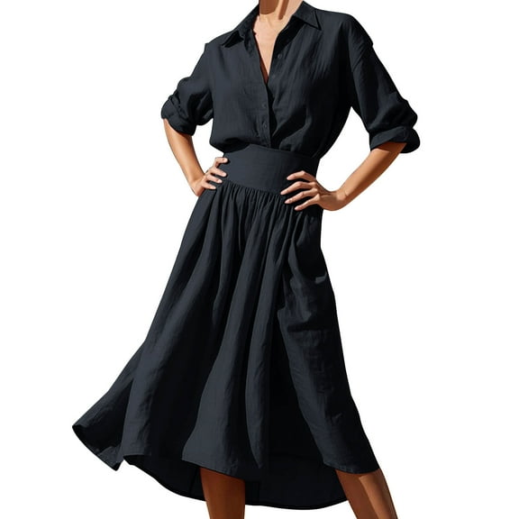 Maean Womens Shirts Dress V Neck Long Sleeve Office Midi Dresses Casual Business High Waist Clothes