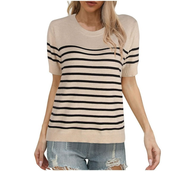 Maean Womens Short Sleeve Sweaters Striped Knitted Crew Neck Casual Tops Summ Fall Dressy Clothes