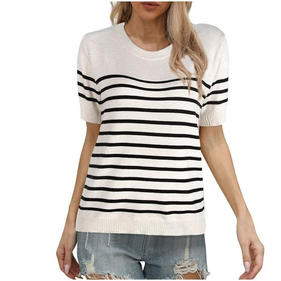 Maean Womens Short Sleeve Sweaters Striped Knitted Crew Neck Casual Tops Summ Fall Dressy Clothes