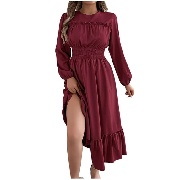 Maean Womens Smocked High Waist Dresses Long Puff Sleeve Fall Casual Flowy A Line Tiered Midi Dress