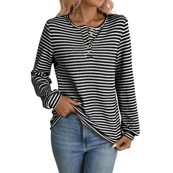 Maean Womens Striped Blouse Buttons Crewneck Knitted Casual Loose Pullover Long Sleeve Shirts Tops