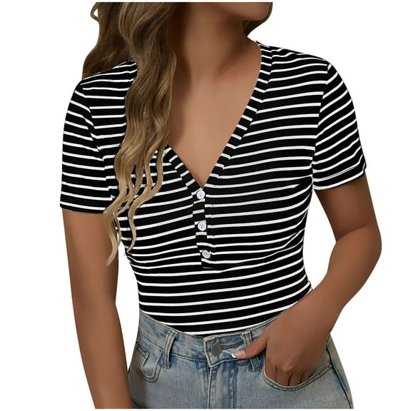 Maean Womens Striped Shirts V Neck Buttons Short Sleeve Tunic Tops Summer Trendy Causal Tshirts