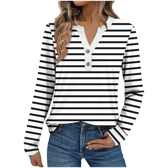 Maean Womens Striped Tops V Neck Buttons Casual Dressy Blouse Long Sleeve Fall Pullover Shirts