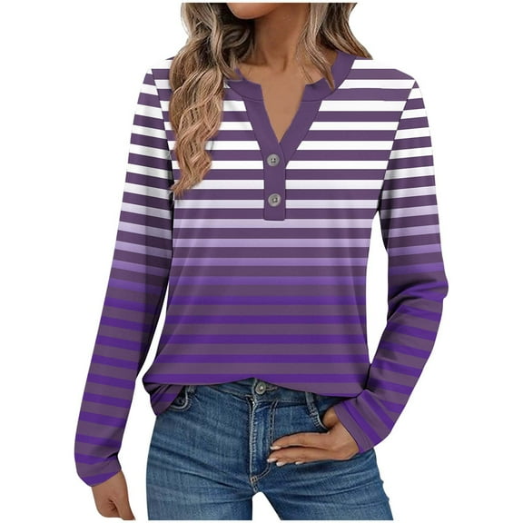 Maean Womens Striped Tops V Neck Buttons Casual Dressy Blouse Long Sleeve Fall Pullover Shirts