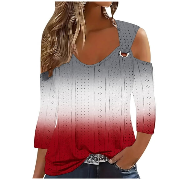 Maean Womens Summer Fashion Blouses 3/4 Sleeve Cold Shoulder 2025 Trendy Tunic Tops Casual Hollow Out Shirts