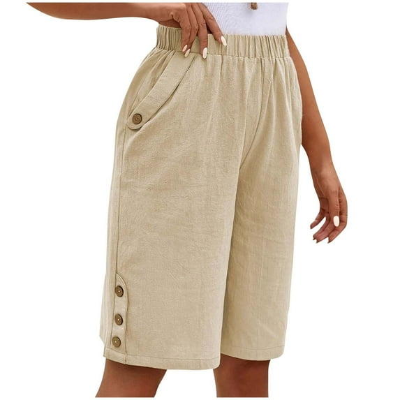 Maean Womens Summer Shorts Cotton Linen Knee Length Capri Pants Elastic Waist Beach Capris with Pockets