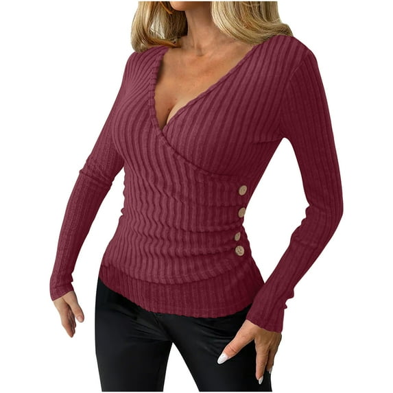 Maean Womens Sweater Wrap V Neck Slim Tops Ribbed Knit Button Lightweight Sweaters Fall Layer Top