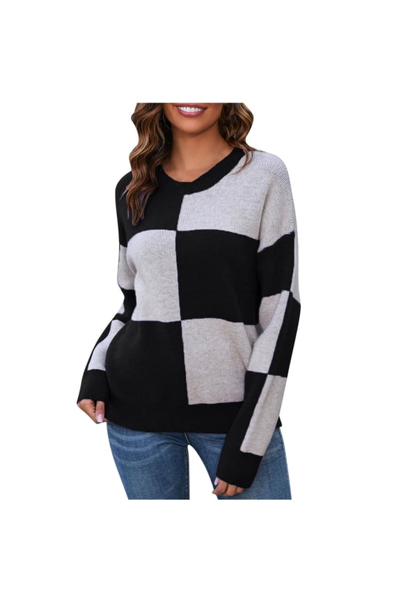 Womens Sweaters Long Sleeve Tops Crew Neck Knit Pullover Sweater Fall Fashion Dressy Casual Plaid Clothes