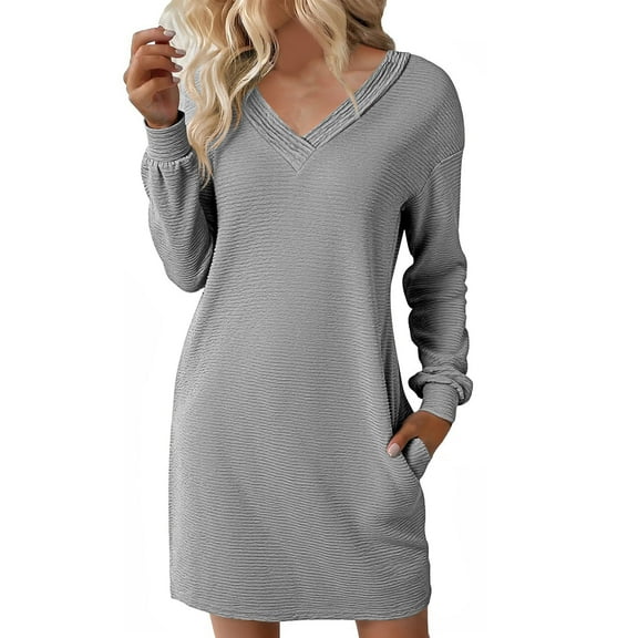 Maean Womens Sweatshirt Dress Long Sleeve V Neck Dresses Knee Length Casual Shirts Dress Tops with Pocket