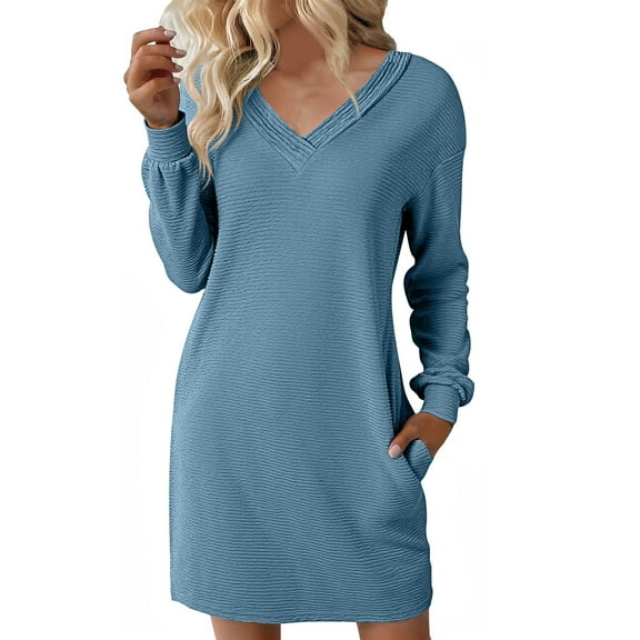 Maean Womens Sweatshirt Dress Long Sleeve V Neck Dresses Knee Length Casual Shirts Dress Tops with Pocket