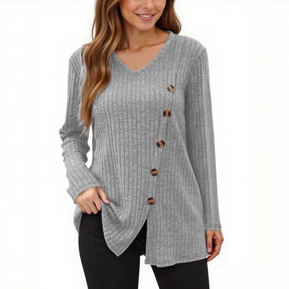 Maean Womens V Neck Sweaters Lightweight Ribbon Long Sleeve Pullover Tops Buttons Trim Fashion Blouse