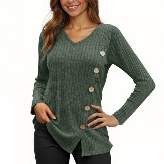 Maean Womens V Neck Sweaters Lightweight Ribbon Long Sleeve Pullover Tops Buttons Trim Fashion Blouse