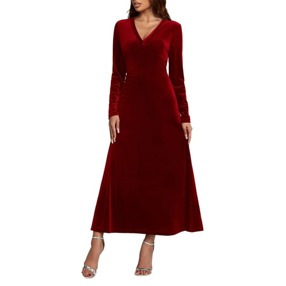 Maean Womens Velvet Dress Fall Winter Long Sleeve V Neck Maxi Dresses Elegant Party Wedding Clothes