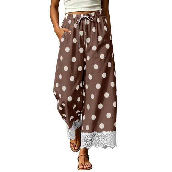 Maean Womens Wide Leg Lounge Pants Polka Dot Lace Hem Elastic Waist Drawstring Cute Fashion Pant with Pockets