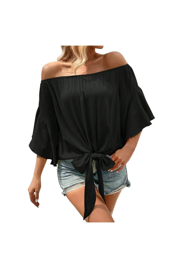 Womens off Shoulder Blouse Tops 3/4 Bell Sleeves Tie Knot Flowy Top for Vacation Beach