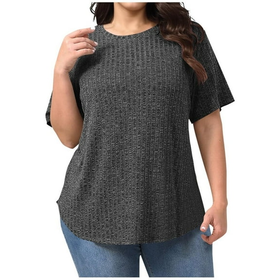 Maean XL-5XL Womens Plus Size Short Sleeve Sweaters Ribbed Knit Lightweight Baggy Blouse Crewneck Tunic Shirts