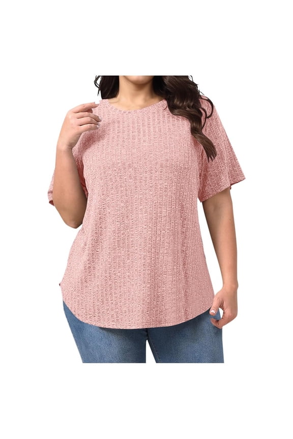 XL-5XL Womens Plus Size Short Sleeve Sweaters Ribbed Knit Lightweight Baggy Blouse Crewneck Tunic Shirts