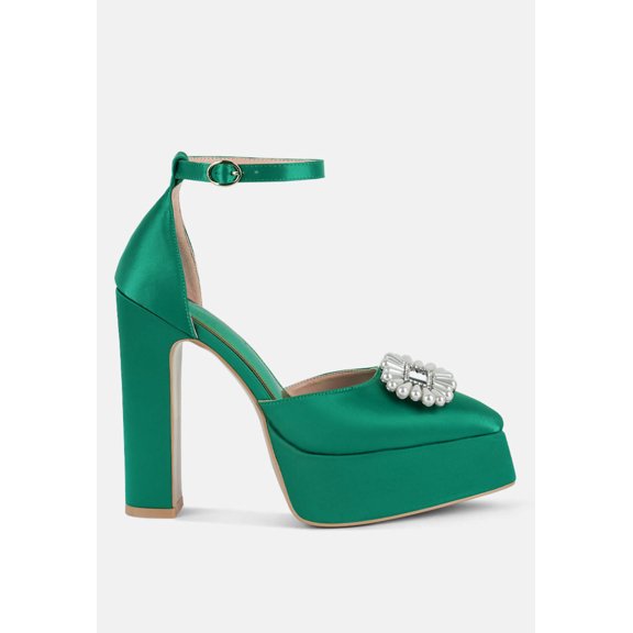 Maeissa Pearls Brooch Detail Platform Block Heel Sandals