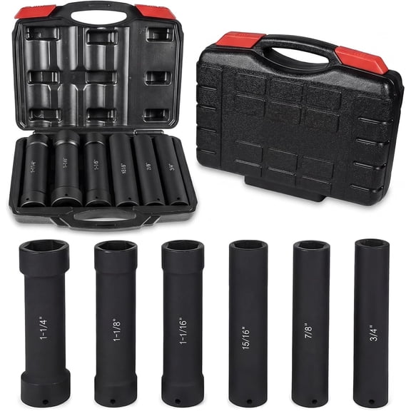 Maeklon 1/2'' Drive Extended Length Impact Socket Set, 6 Pcs Extra Deep Impact Socket Set, Hex Size 3/4", 7/8", 15/16", 1-1/16", 1-1/8", 1-1/4", for High Torque Applications with Case