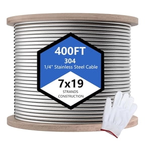 Maeklon 1/4" Stainless Steel Cable, 400' 7x19 Strand Aircraft Wire Rope, Breaking Strength 6400 Ibs Stainless Steel Zip Line for Heavy Duty Applications, Deck Railing, and String Lights