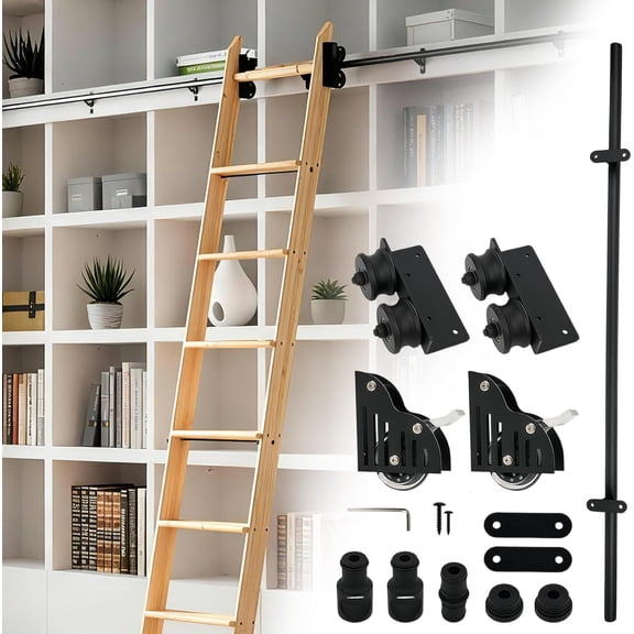 Maeklon 12' Sliding Library Ladder Hardware, Steel Sliding Track Accessory Kit, Max Load 300lbs Sliding Kit with Brake Caster for Library, Home Office, Not a Ladder