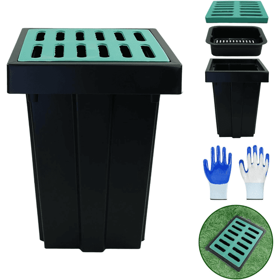 Maeklon 18"x18"x24" Catch Basin with Fiber Glass Grate, Large Catch Basin for Drainage with Debris Basket & Gloves, French Drain Catch Basin for Yard, Downspout, Lawn