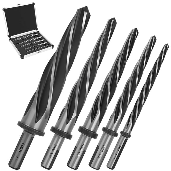 Maeklon 5 Piece M2 HSS Taper Chucking Reamer Set, 1", 3/4", 5/8", 1/2", 3/8", Fit 1/2" 3-Flat Round Shank Bridge/Construction Reamer Drill Bits, Reamer Bit Set for Steel, Metal, Wood, Alloy