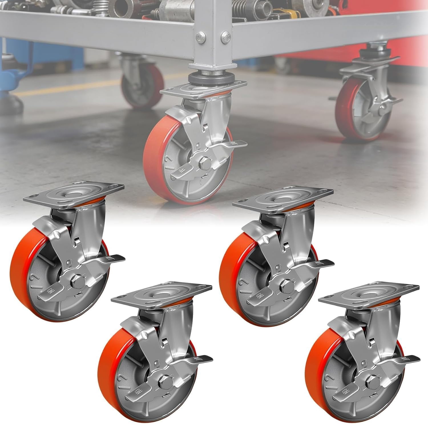 Maeklon 6" Industrial Polyurethane Caster Wheels Set of 4, Noiseless Swivel Wheels on Steel Hubs, 4800 Lbs Capacity, Swivel Plate Casters with Brakes for Workbench, Cart, Machine