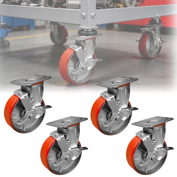 Maeklon 6" Industrial Polyurethane Caster Wheels Set of 4, Noiseless Swivel Wheels on Steel Hubs, 4800 Lbs Capacity, Swivel Plate Casters with Brakes for Workbench, Cart, Machine