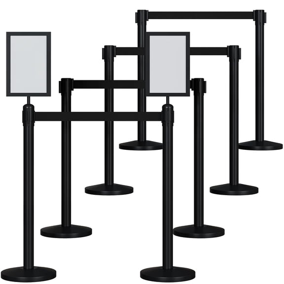 Maeklon 8 Pcs Crowd Control Stanchions Set, Stanchion Post Sign Holders with 8.2' Retractable Belt, Easy Connect Assembly Control Barrier Barriers Line for Theaters, Parties, Exhibitions, Black