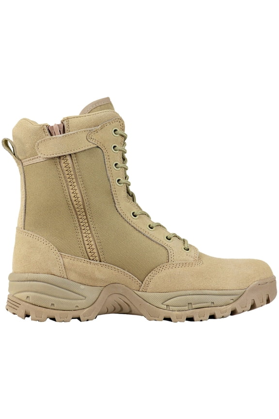 Military Tactical Work Boots with Side Zipper, Tan, Size 8W