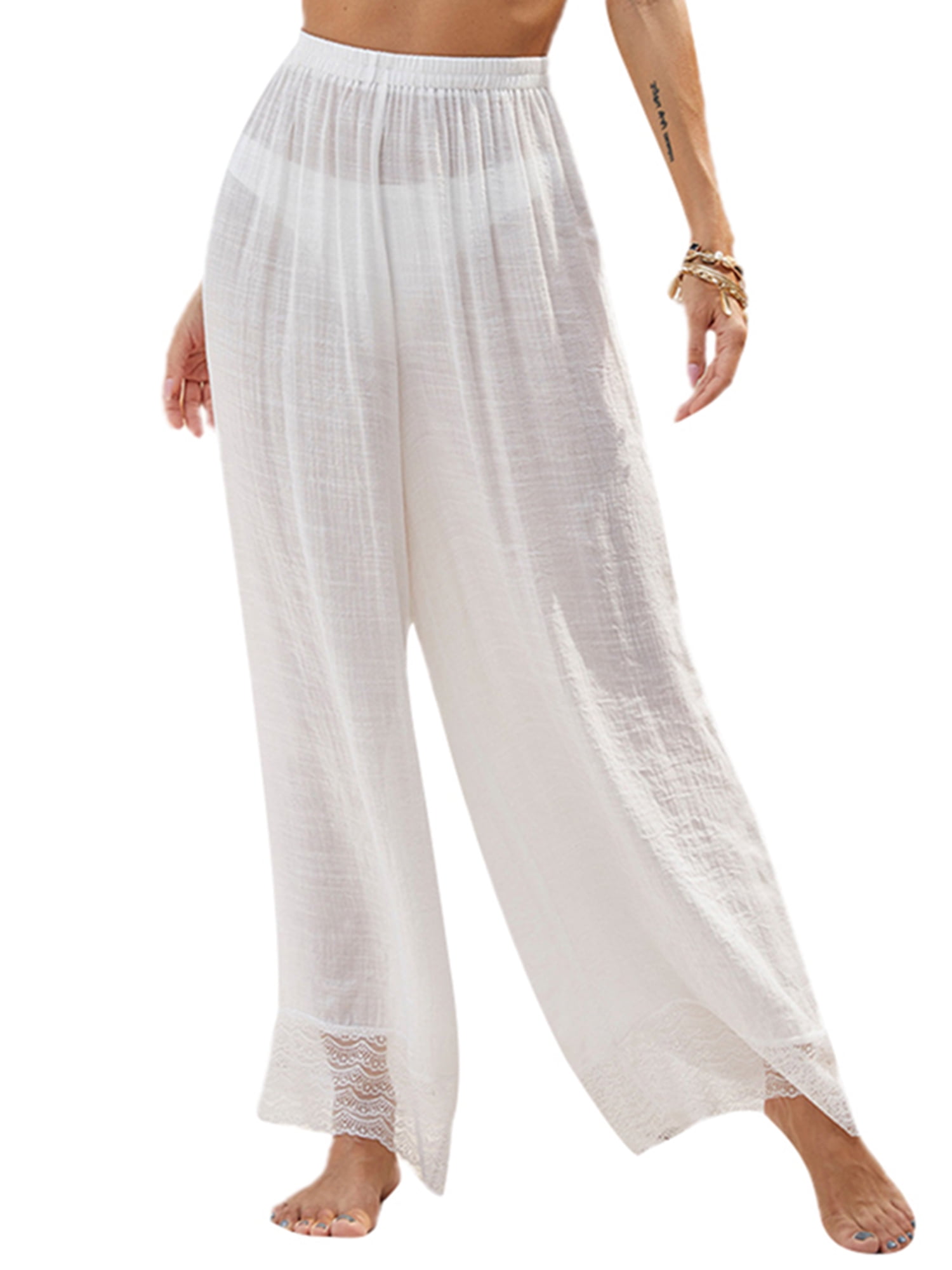 Maemukilabe Women Sheer Beach Pants Sunscreen See Through Elastic High