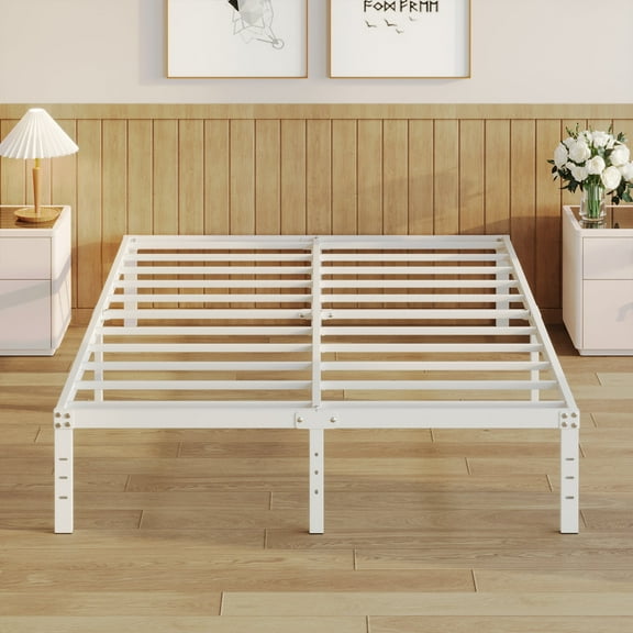 Maenize 14 inch Full Size Bed Frame No Box Spring Needed, Heavy Duty Metal Bed Frame Full with Large Underbed Storage Space, Noise Free, Easy Assembly, White