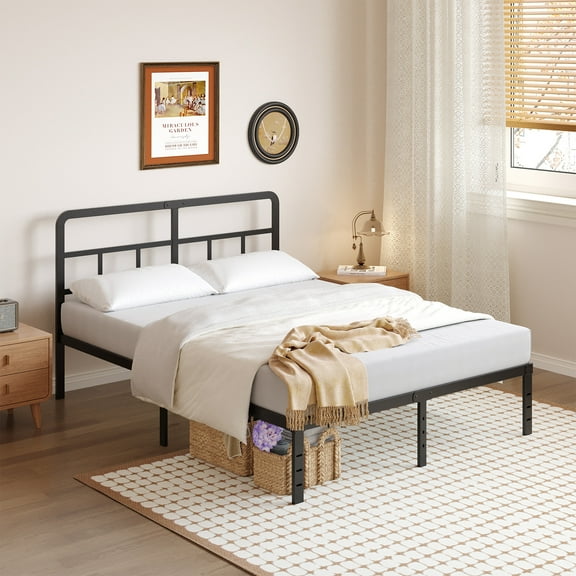 Maenizi 14 inch Full Bed Frame with Headboard No Box Spring Needed Metal Platform Heavy Duty Steel Slat Mattress Foundation/Easy Assembly/Noise Free/Black