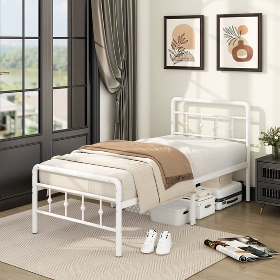 Maenizi 14 inch Tall Twin XL Bed Frames with Headboard and Footboard, Heavy Duty Metal Platform Bed Frame Twin XL No Box Spring Needed, Easy Assembly, Under Bed Storage, Noise Free, White