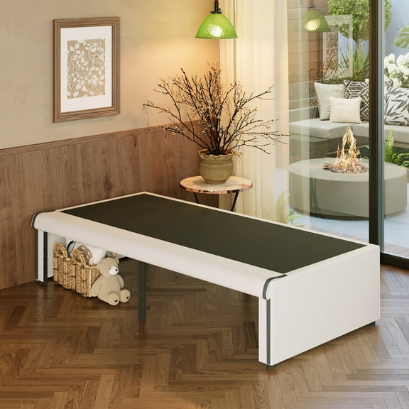 Maenizi 16 Inch Twin Bed Frames with White Skirt Cover, Metal Twin Size Bed Frame with Storage, Heavy Duty, No Box Spring Needed, Easy Assembly, Noise Free, Mattress Foundation