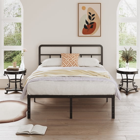 Maenizi 16 inch Queen Bed Frame with Headboard No Box Spring Needed, Heavy Duty Metal Queen Size Platform with Steel Slat, Mattress Foundation, Easy Assembly, Noise Free, Black