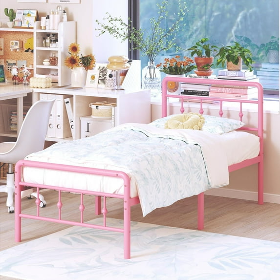 Maenizi 16 inch Tall Twin Bed Frames with Headboard and Footboard, Heavy Duty Metal Platform Bed Frame Twin No Box Spring Needed, Easy Assembly, Under Bed Storage, Noise Free, Pink