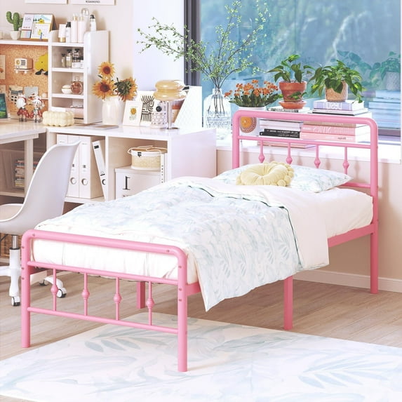 Maenizi 18 inch Tall Twin Bed Frames with Headboard and Footboard, Heavy Duty Metal Platform Bed Frame Twin No Box Spring Needed, Easy Assembly, Under Bed Storage, Noise Free, Pink